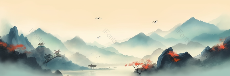 木桥连接两山观景台淡彩水墨画中国风水墨山水画,插画/手绘图,插画/手绘图库,插画/手绘图下载,插画/手绘